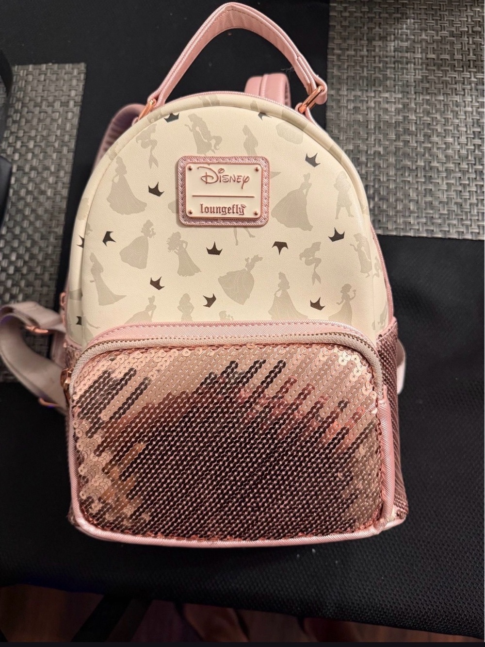 Loungefly Rose Gold Sequin Mini Backpack with Cream Princess Print